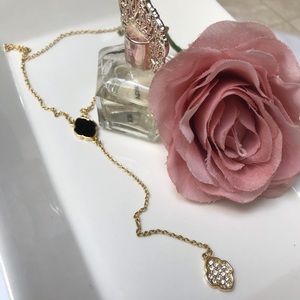 Gold Y Necklace with Black Stone & Diamond Pendant